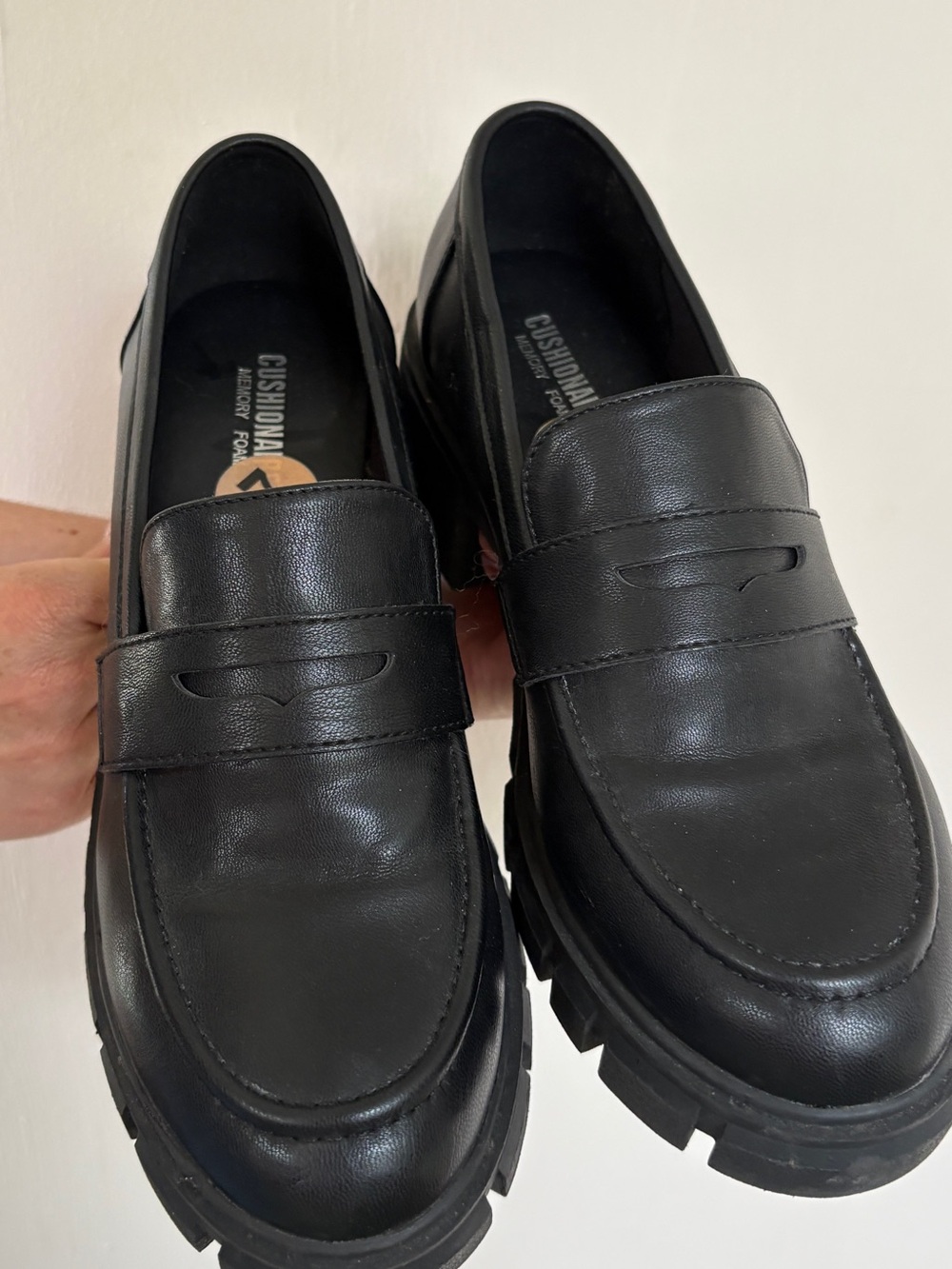 Black Leather Lug-Sole Penny Loafers - Men